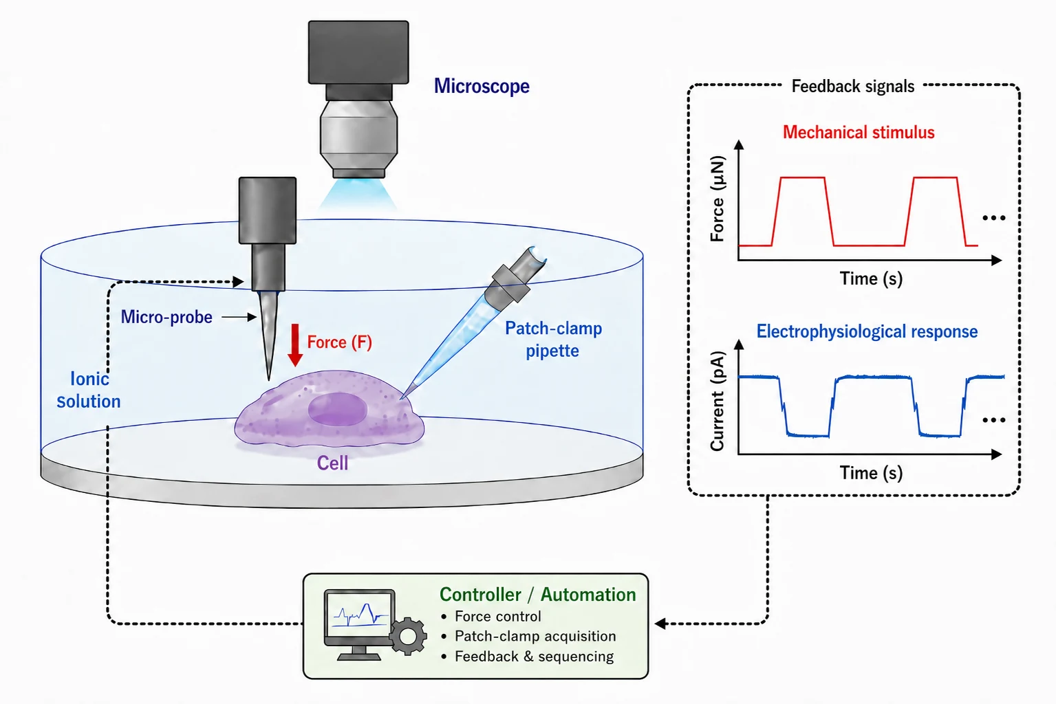 Cell in ionic solution with a micro-probe, patch-clamp pipette, and feedback signals